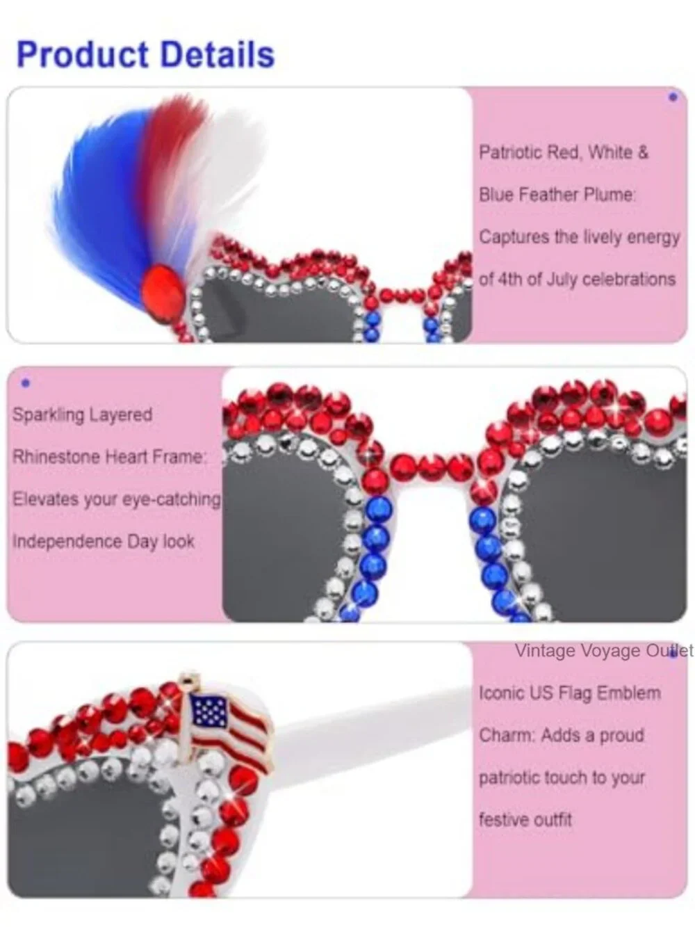 Patriotic USA Flag Heart Rhinestone Sunglasses for Women Men UV400 Protection